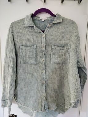 Sweet Generis Blue Green 100% Cotton Button-Down Textured Gauzy Size Large